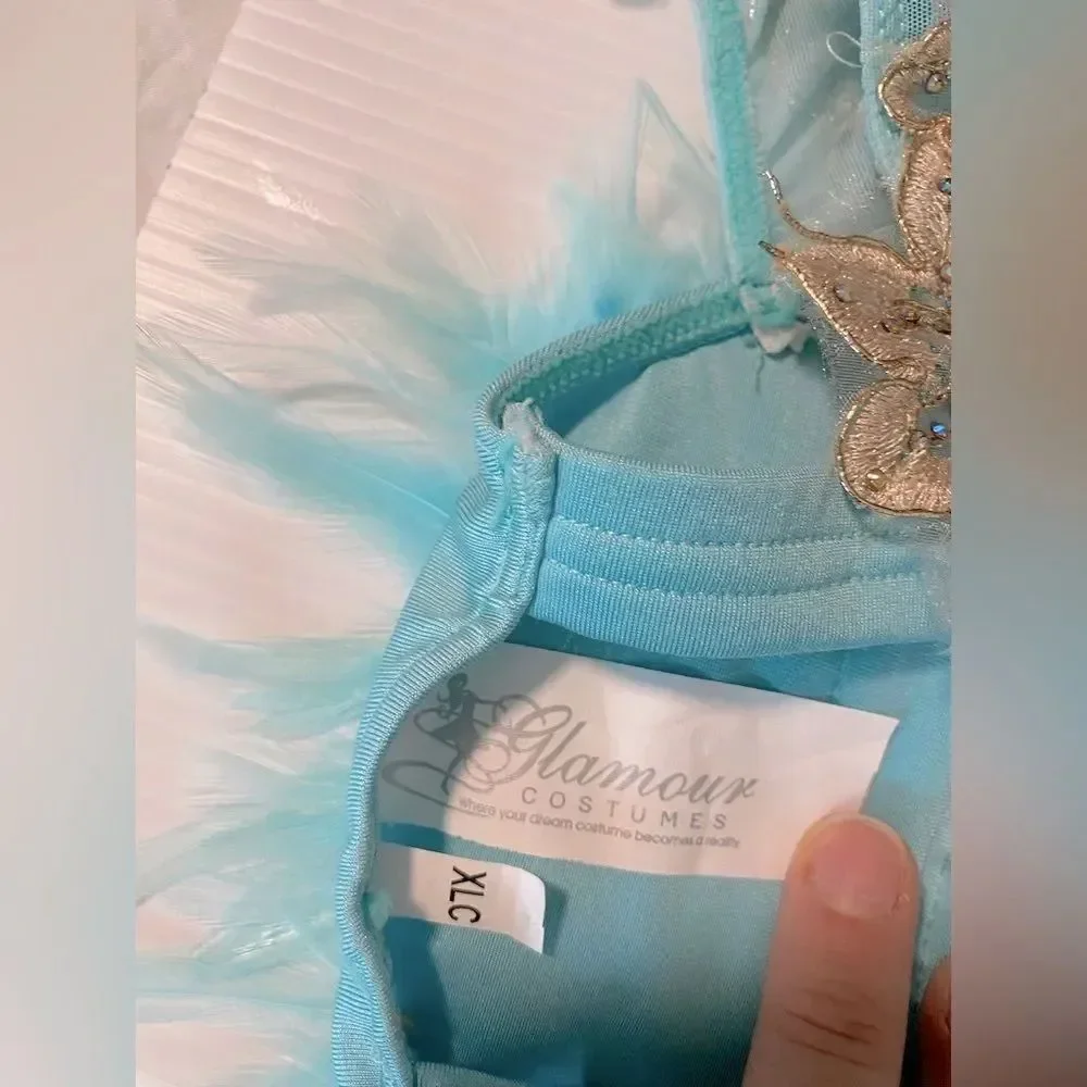 Glamour Solo Dance Costume Aqua Blue Feather jazz Broadway 2 Piece XLC Child SA